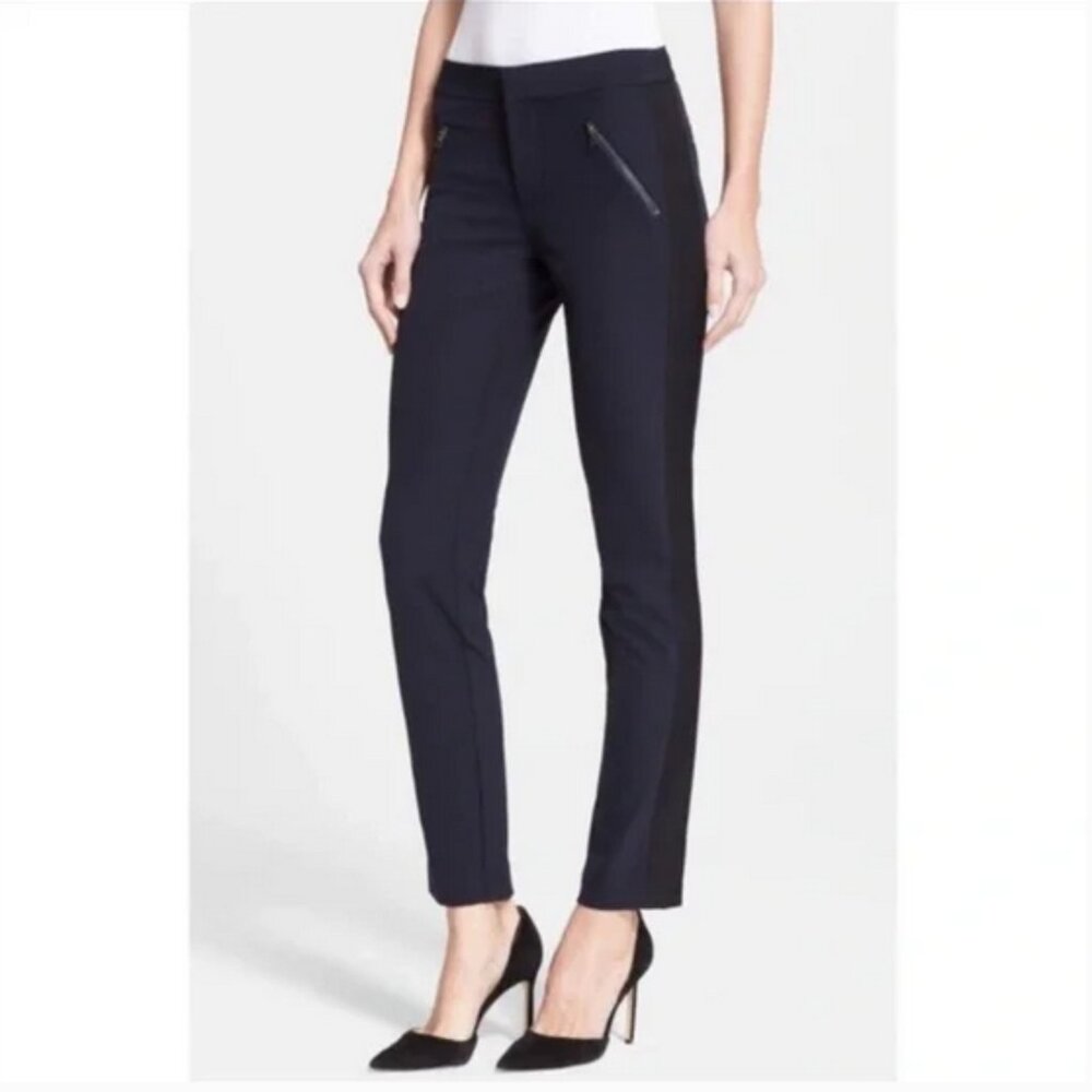 Rebecca Taylor Ava Tech Navy Tuxedo Stripe Pants Zippered Pockets Size 4
